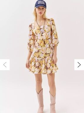 MinkPink Floral Zoey Tie Back Puff Sleeve Square Neck Mini Dress Size M